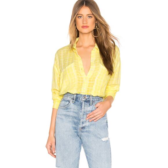Free People Top Womens Medium Yellow Loveland Button Down Raw Hem Cotton - Picture 4 of 12